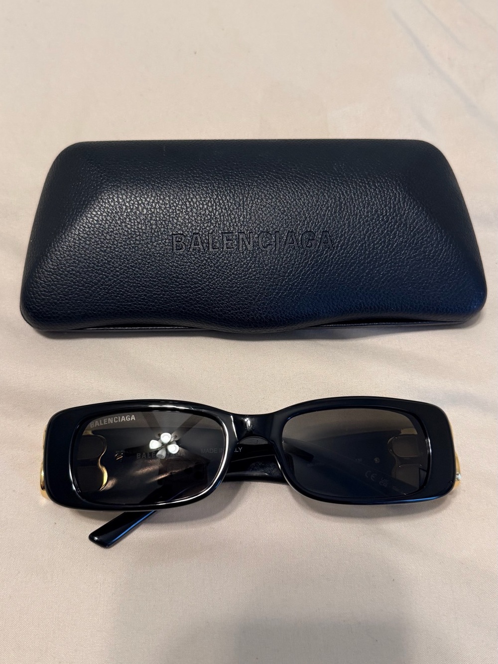 Balenciaga Black Rectangular Sunglasses with Embossed Case